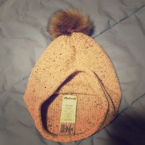 Madewell Cream Knit Beanie with Brown Pom